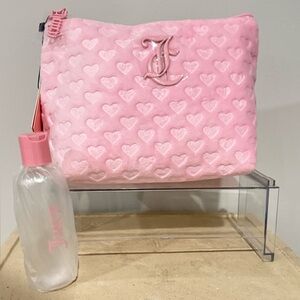 NWT Juicy Couture Pink Velour Logo Cosmetic Travel Bag & Bottle 8”W x 6.5”L x 4”